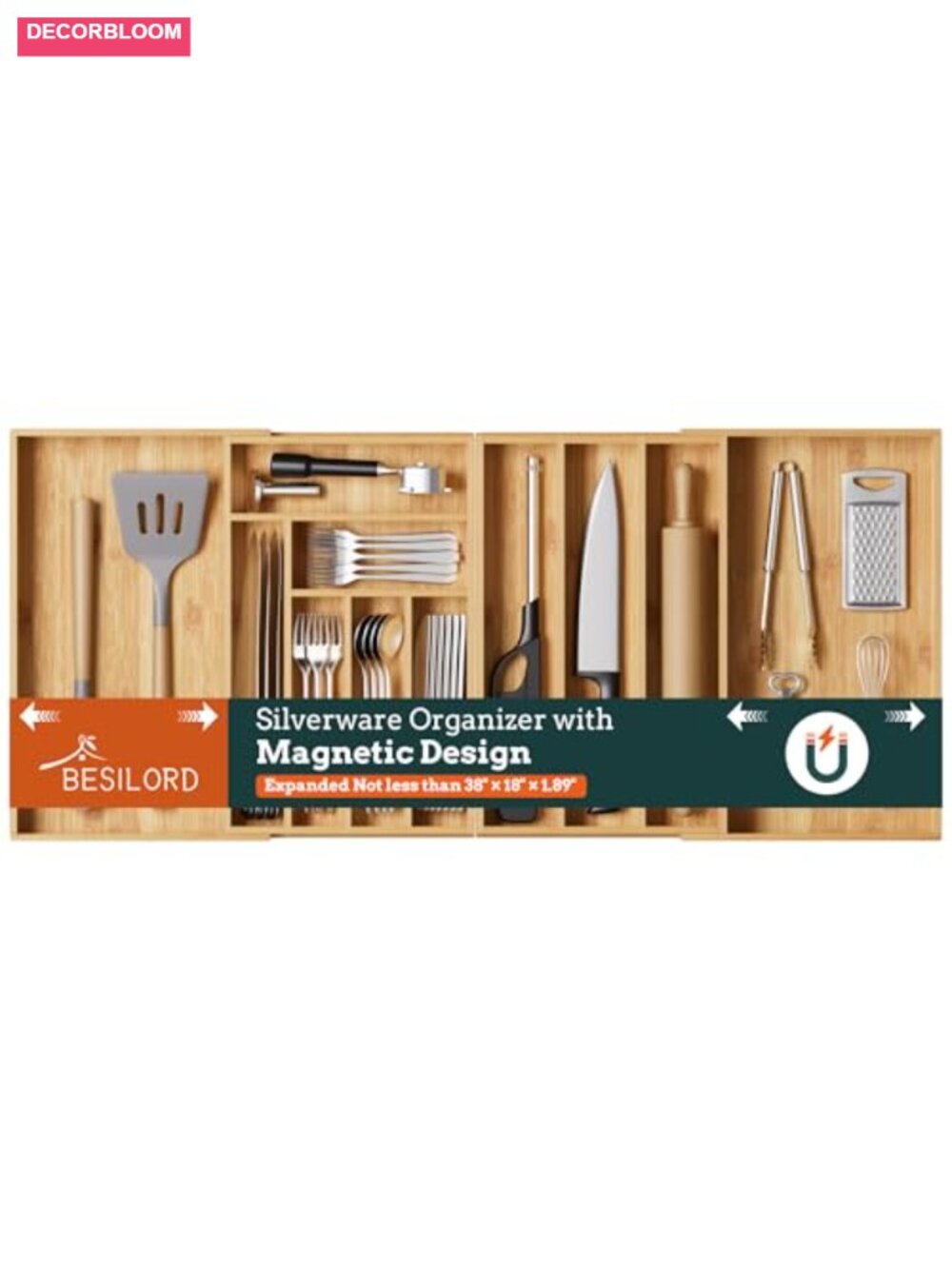 Bamboo Expandable Silverware Drawer Organizer 11 Slots Utensil Holder